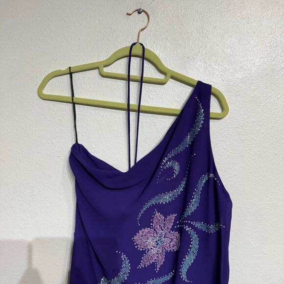 Shangri La Purple Embroidered One Shoulder Vintage Midi Dress Sz M - Picture 3 of 13